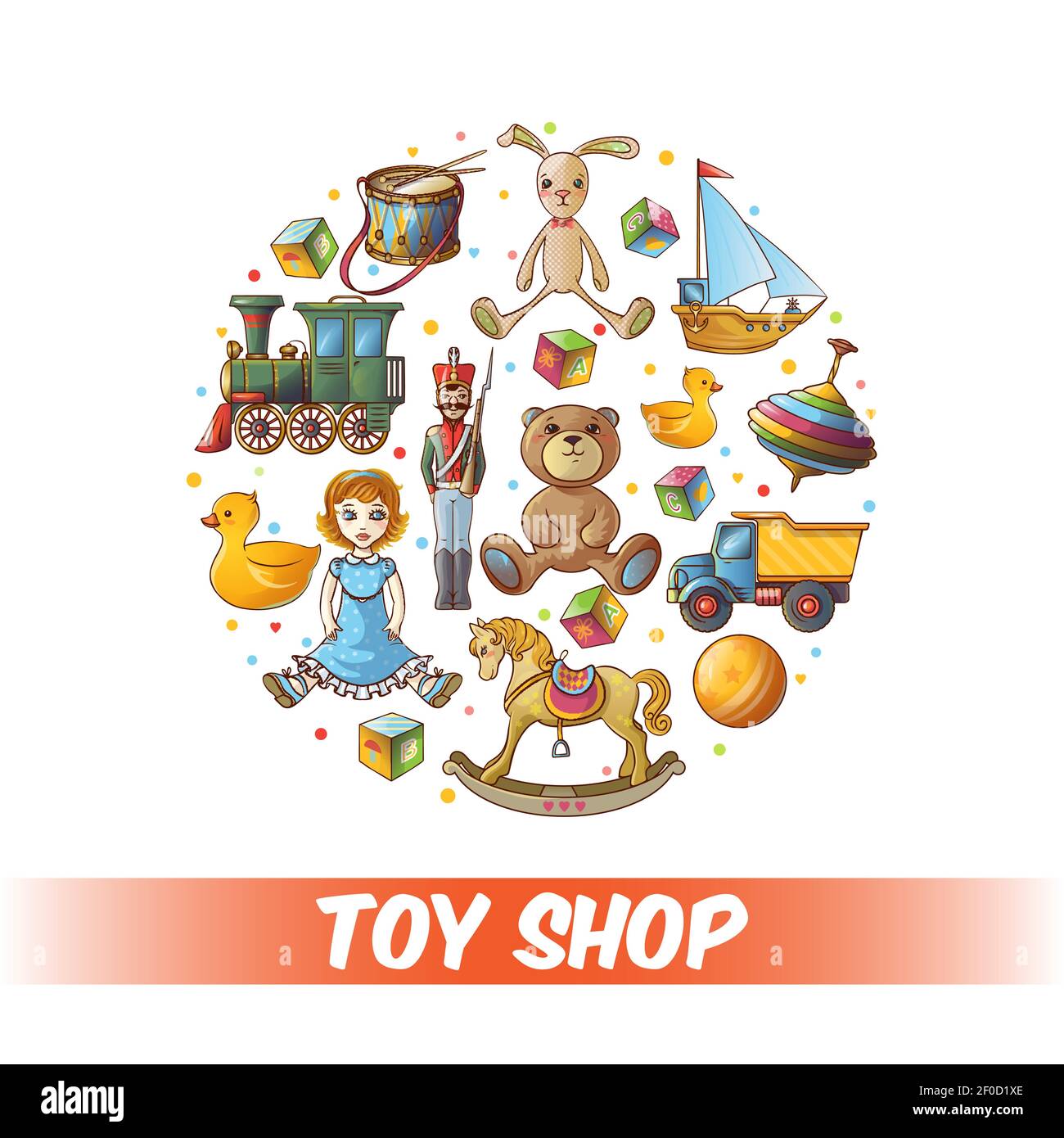 Giocattoli per bambini a composizione rotonda con set di icone colorate isolate combinate nella figura vettoriale a cerchio grande Illustrazione Vettoriale