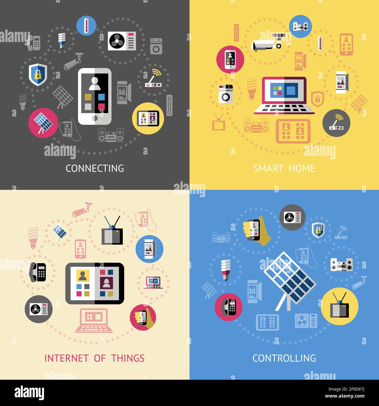 Composizioni intelligenti per la casa con quattro icone impostate su Connecting Smart internet domestico delle cose e controllo dei temi illustrazione vettoriale Illustrazione Vettoriale