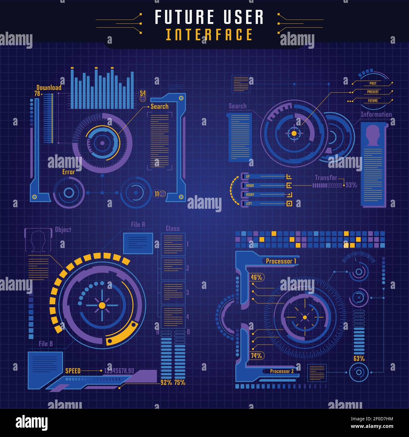 Quattro icone di futura interfaccia utente colorate con elementi di illustrazione vettoriale delle tecniche di innovazione Illustrazione Vettoriale