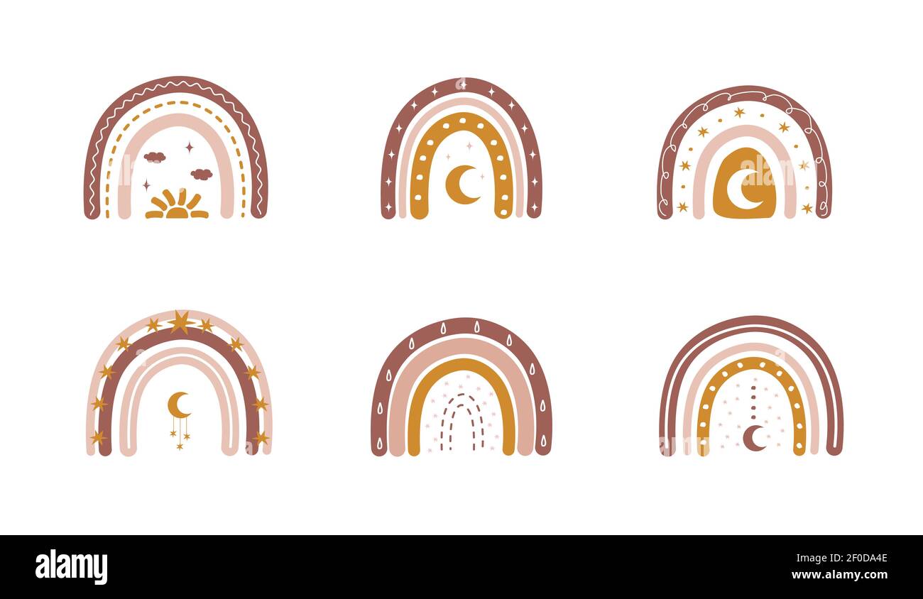 Arcobaleni in stile boho con cuori e lune. Illustrazioni bohémien per le vacanze. Design scandinavo per carta da parati e arredamento per la casa. Vettore moderno Illustrazione Vettoriale