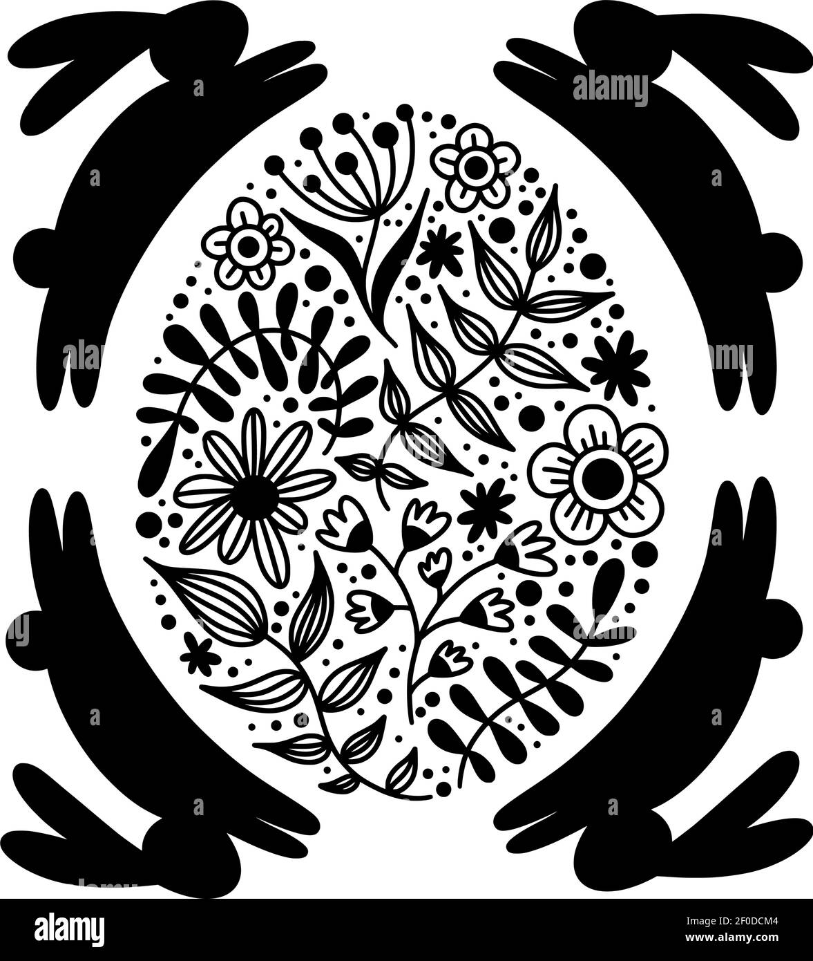 Tessera pasquale con conigli e uova in bianco e nero Illustrazione Vettoriale
