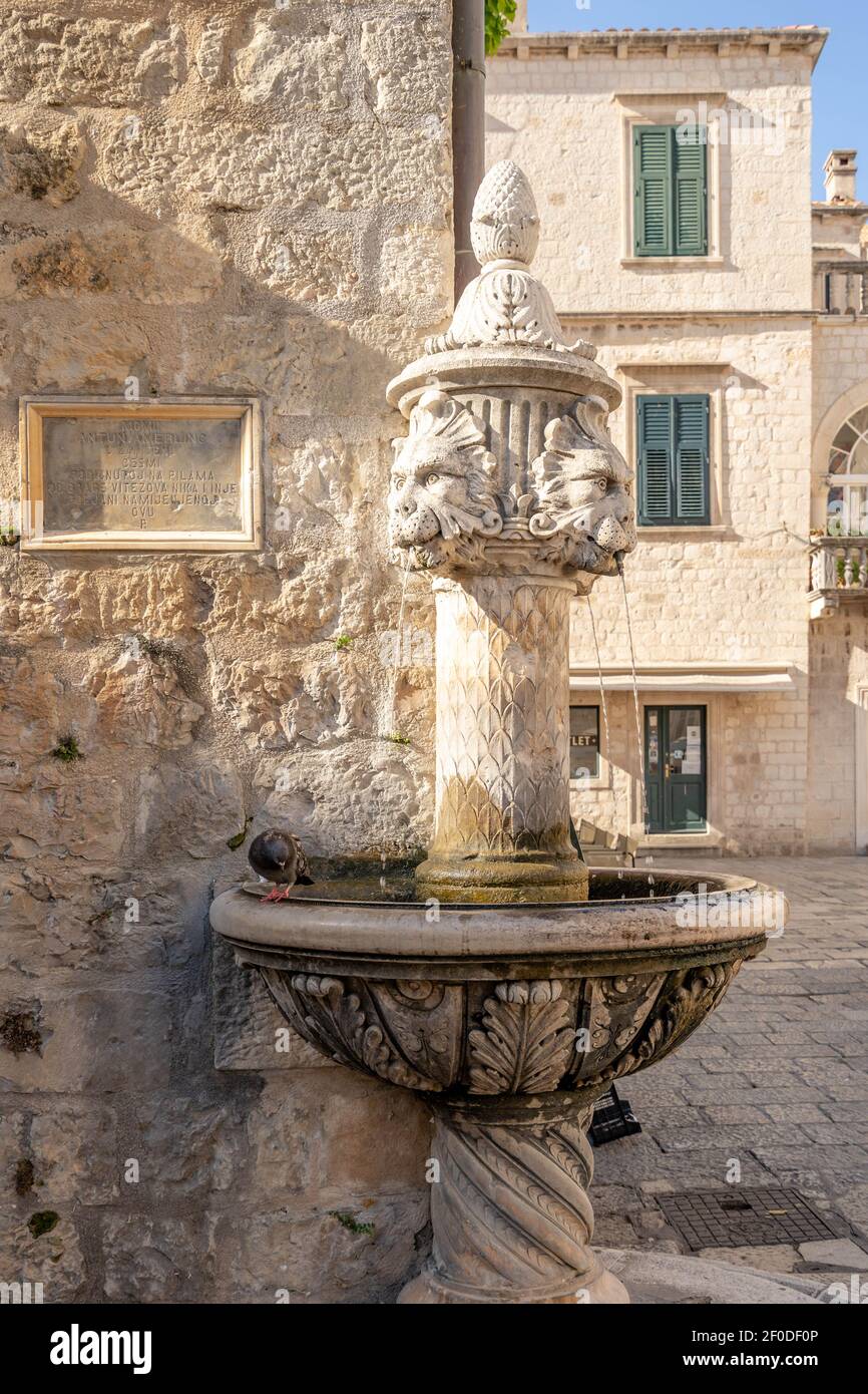 Dubrovnik, Croazia - 23 agosto 2020: Fontana bevente con la pietra del leone della città vecchia in mattinata Foto Stock