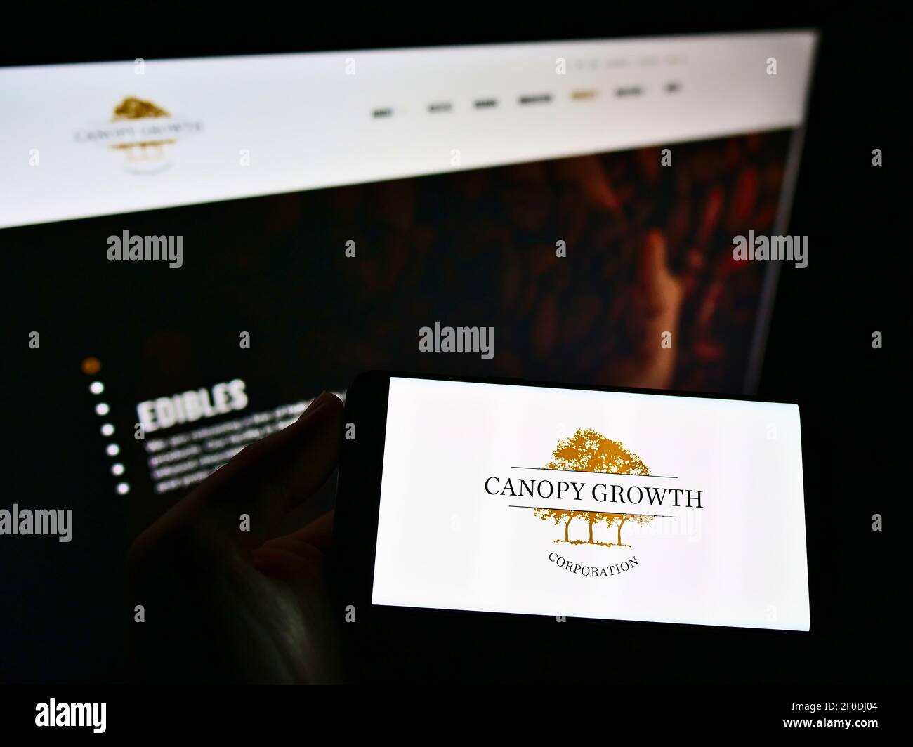 Persona che tiene il telefono mobile con il logo della Canadian cannabis Company Canopy Growth Corporation sullo schermo davanti alla pagina web. Mettere a fuoco il display del telefono. Foto Stock