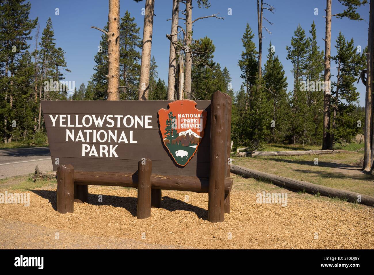 Cartello di benvenuto Yellowstone National Park NPS Wyoming Foto Stock