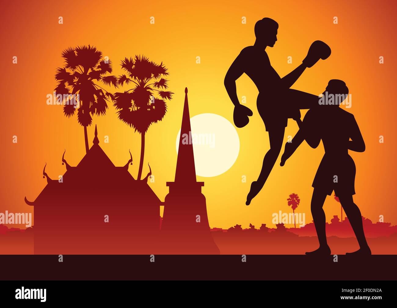 Thailandia famose arti marziali in scenografia design con silhouette design, Muay Thai, illustrazione vettoriale Illustrazione Vettoriale