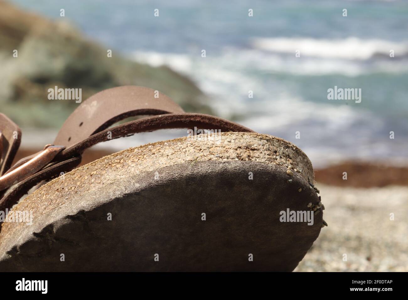 Sandalo seduto sulla sabbia di una spiaggia vicino a. la linea d'acqua e l'onda Foto Stock