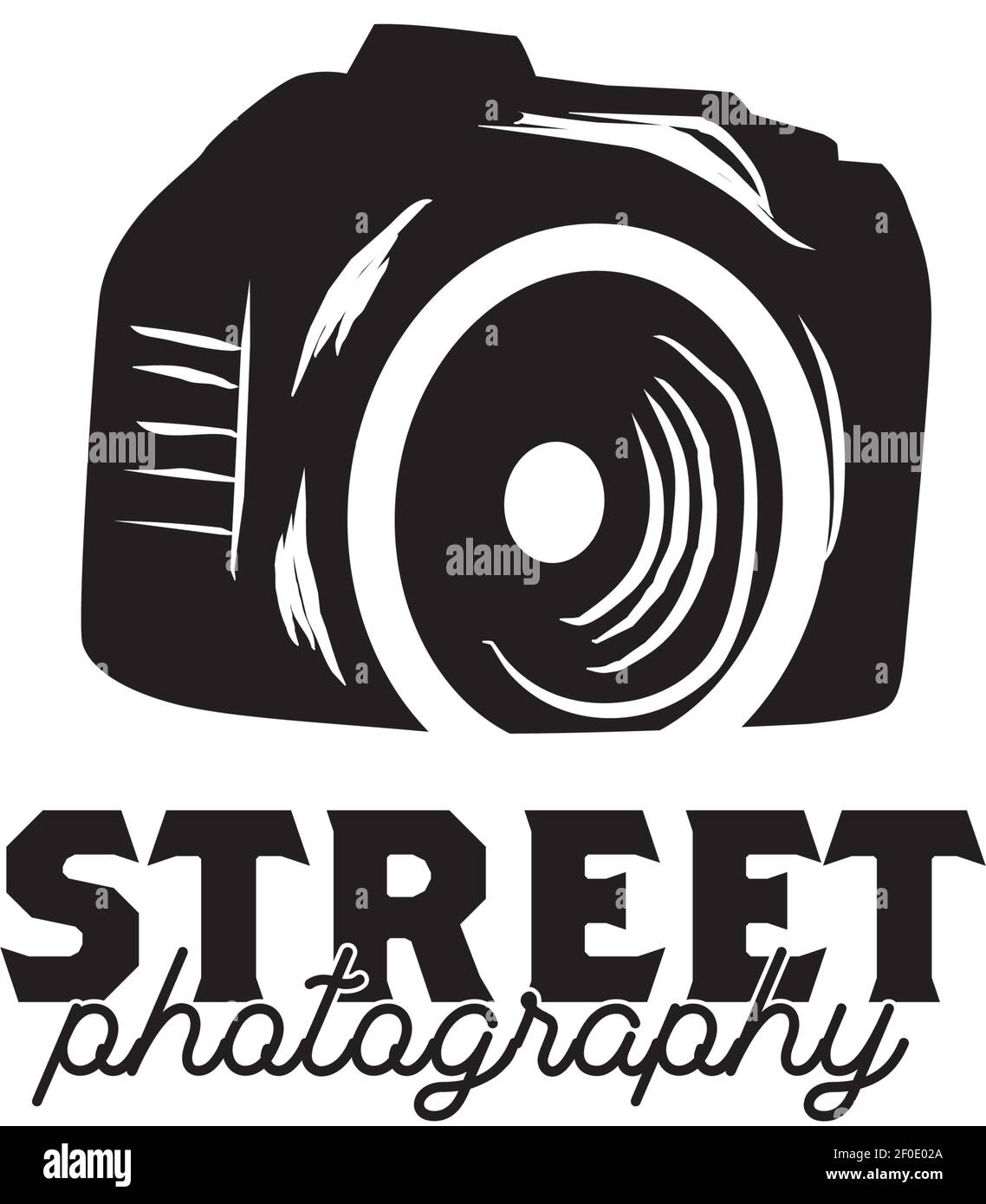 Disegno del logo della fotografia di strada con modello vettoriale dell'icona della fotocamera Illustrazione Vettoriale