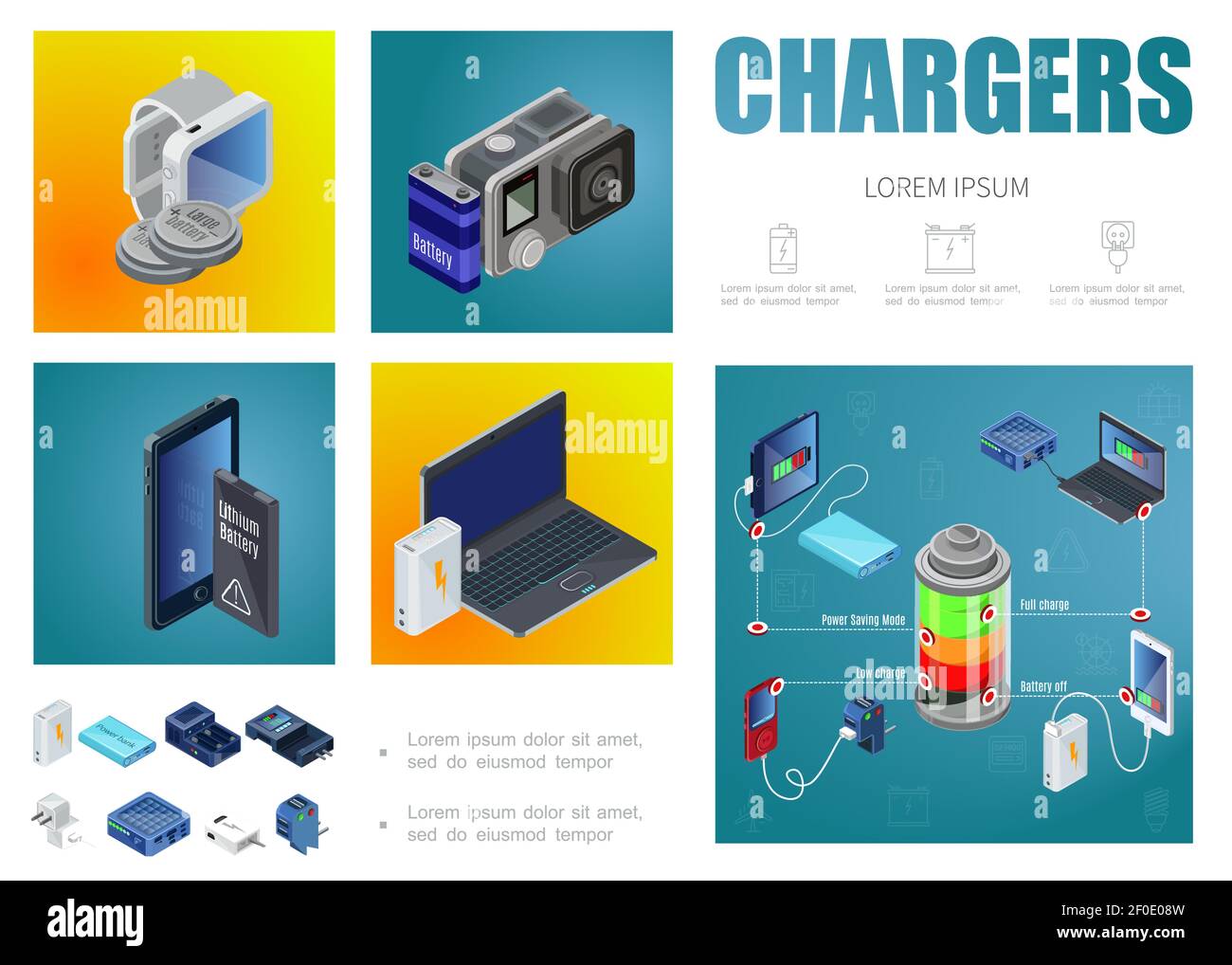 Modello infografico di caricatori isometrici con power bank fonti moderne di la ricarica collega le batterie per l'illusione vettoriale di una fotocamera portatile smartwatch Illustrazione Vettoriale