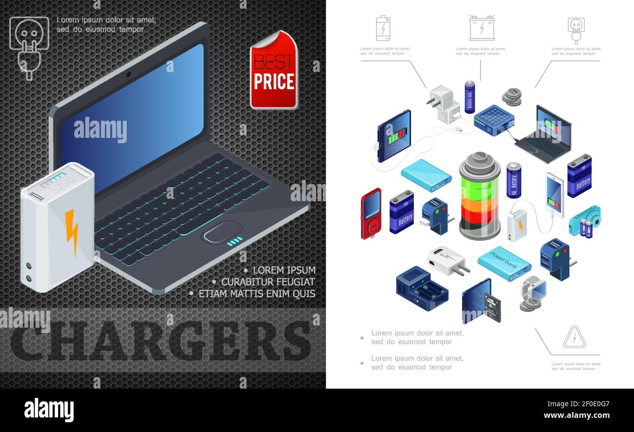 Fonti isometriche della composizione di carica con le spine del banco di alimentazione del computer portatile carica le batterie per i dispositivi moderni illustrazione vettoriale Illustrazione Vettoriale