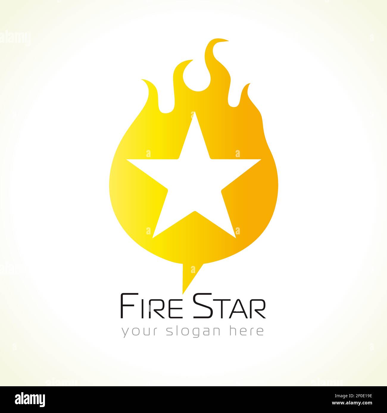 Logo a stella in fiamme. Fiery e fiammeggiante forma di stella color oro, simbolo di vincitori e celebrità in musiche, sport, moda in qualsiasi nomination. Illustrazione Vettoriale