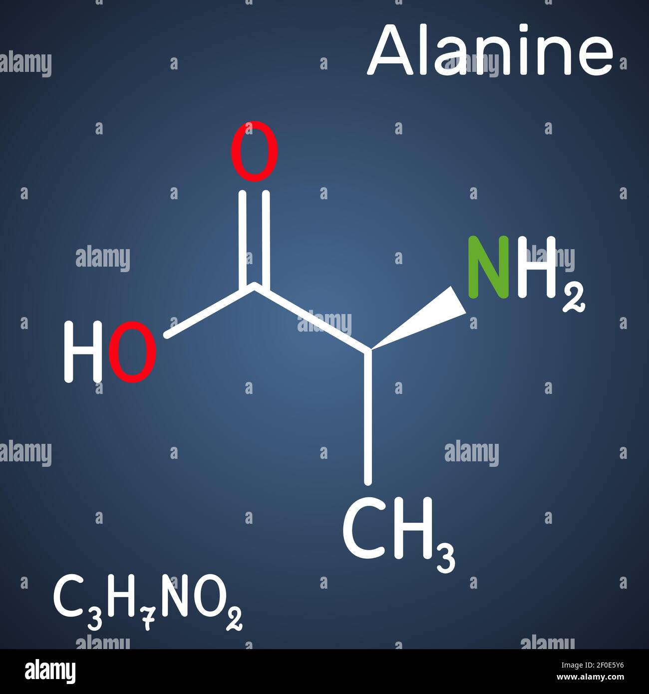 Alanina, L-alanina, Ala, una molecola. È amminoacido non essenziale. Formula chimica strutturale su sfondo blu scuro. Illustrazione vettoriale Illustrazione Vettoriale