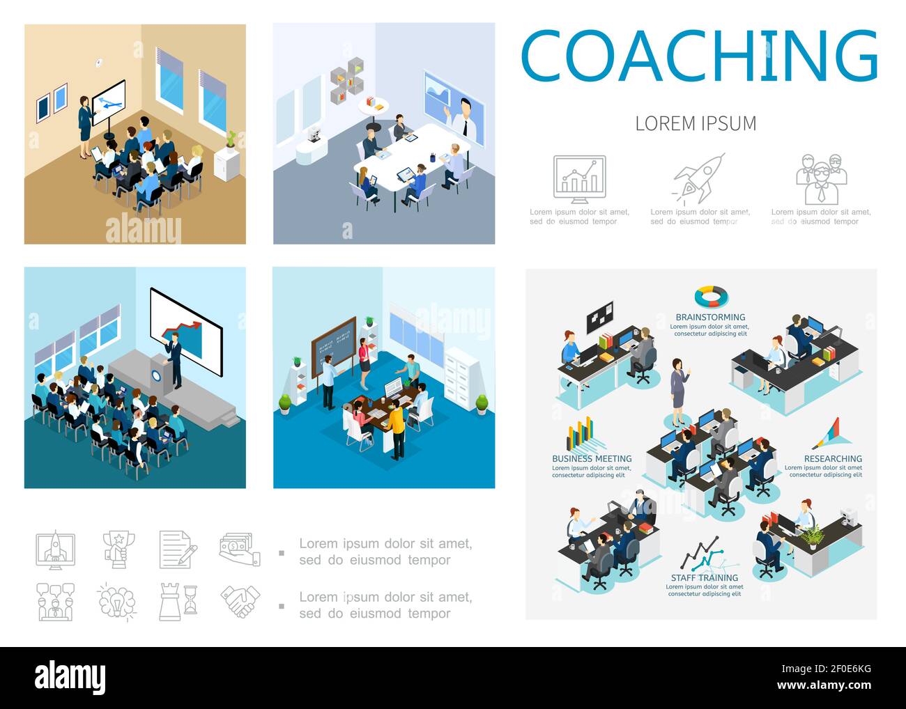 Concetto infografico di coaching isometrico con il brainstorming delle riunioni aziendali di formazione del personale seminario on line conferenza motivazione e icone di sviluppo v Illustrazione Vettoriale