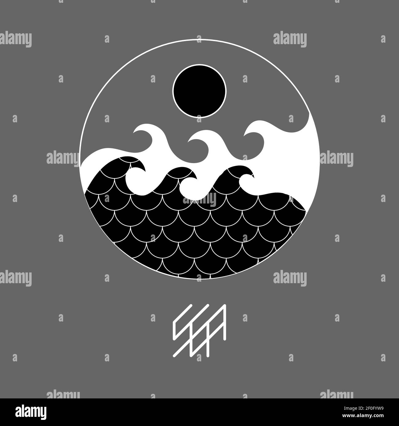 icona monocromatica astratta con sole e onde, testo 'ea' in font runic stilizzato Illustrazione Vettoriale