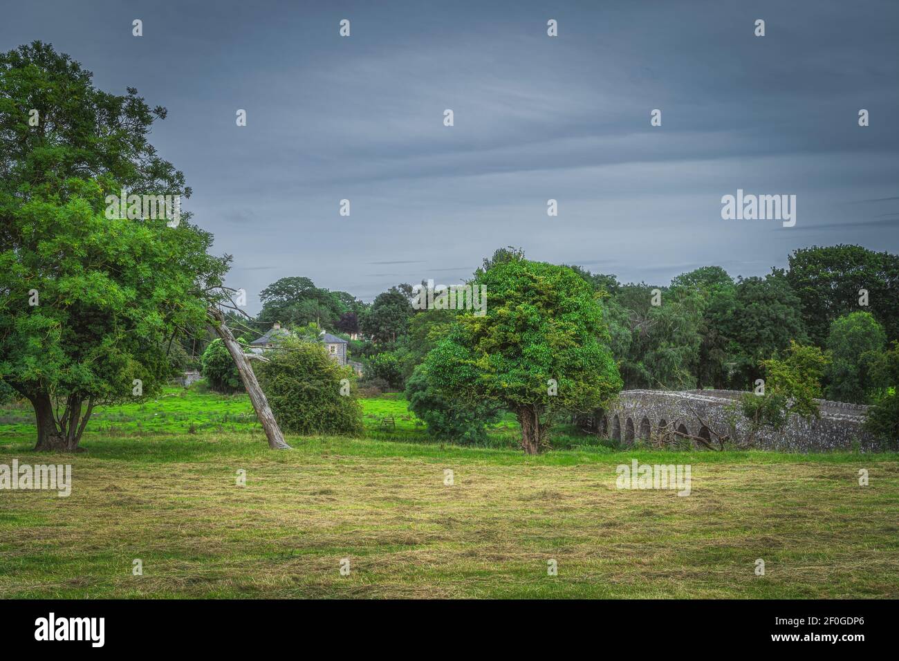 Vecchio, 12 ° secolo arco di pietra Bective ponte sul fiume Boyne nel villaggio Bective. Campi verdi o pascoli e alberi, conte Meath, Irlanda Foto Stock