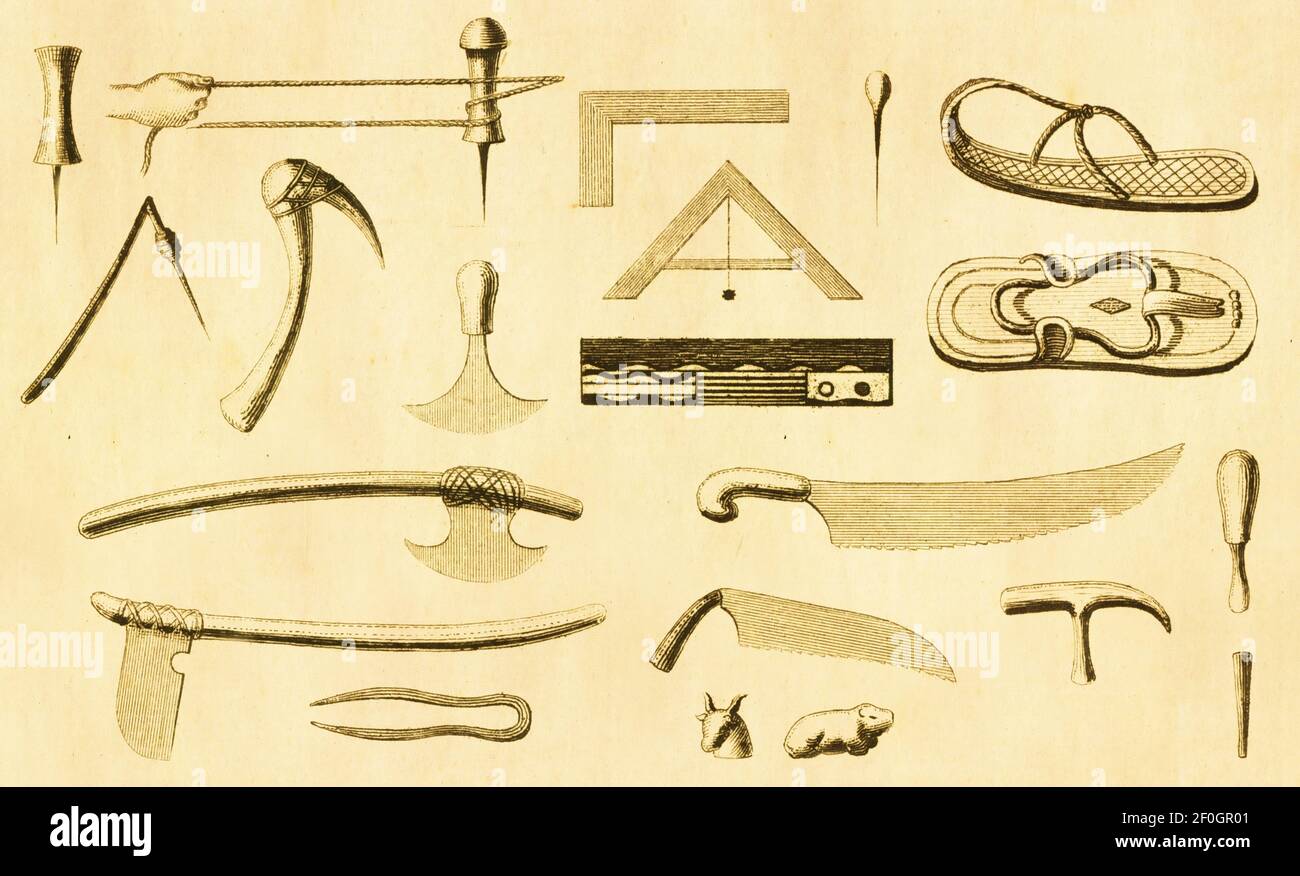 Antica illustrazione del XIX secolo di manufatti dell'antico Egitto. Pubblicato in Systematischer Bilder-Atlas zum Conversations-Lexikon, Ikonographische Foto Stock