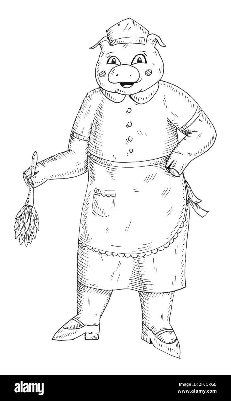 Il maiale è vestito in un costume da cameriera e asciuga la polvere. Illustrazione del tratteggio monocromatico vintage isolata su sfondo bianco. Disegno disegnato a mano per t-sh Foto Stock
