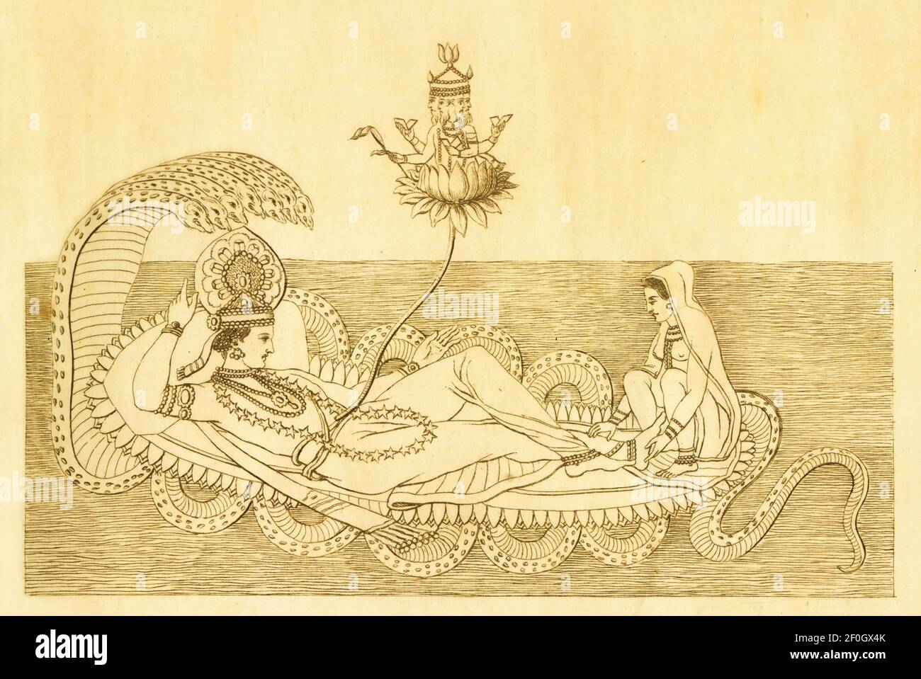 Antica illustrazione delle divinità indiane - Brahma, Vishnu e Lakshmi. Incisione pubblicata su Systematischer Bilder-Atlas zum Conversations-Lexikon, Iko Foto Stock