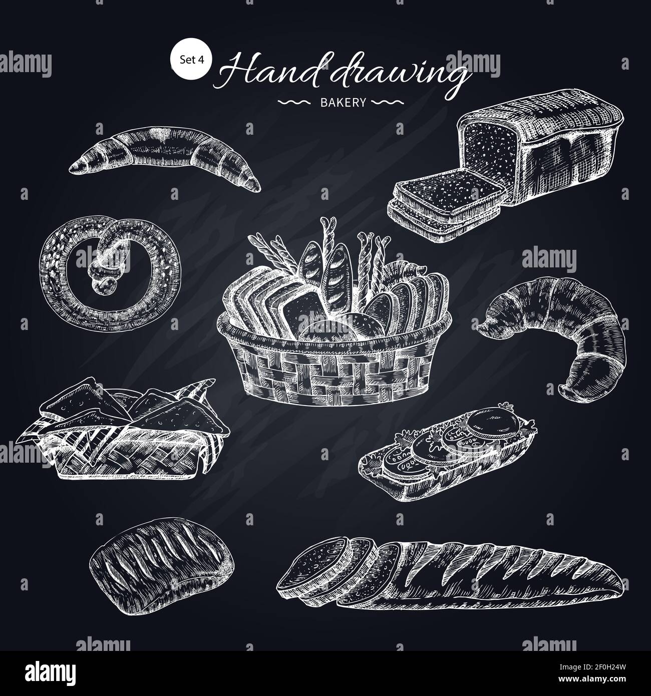 Prodotti a base di farina raccolta disegnata a mano con cestino di pane a fette di snack pasticceria su texture lavagna illustrazione vettoriale Illustrazione Vettoriale