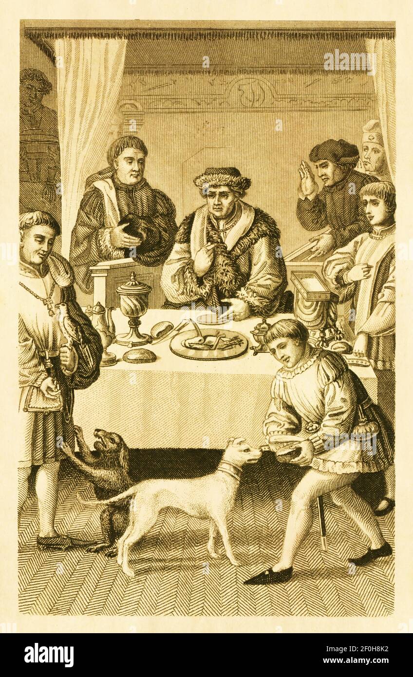 Incisione antica di una cena nel XV secolo (c.. 1480). Pubblicato in Systematischer Bilder-Atlas zum Conversations-Lexikon, Ikonographische Encyklopaed Foto Stock