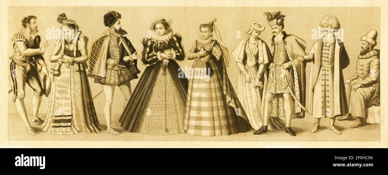 Incisione ottocentesca di costumi europei del XV e XVI secolo. Da sinistra a destra: 1,2 - cittadini tedeschi; 3 - costume da uomo spagnolo; 4 - francese Foto Stock