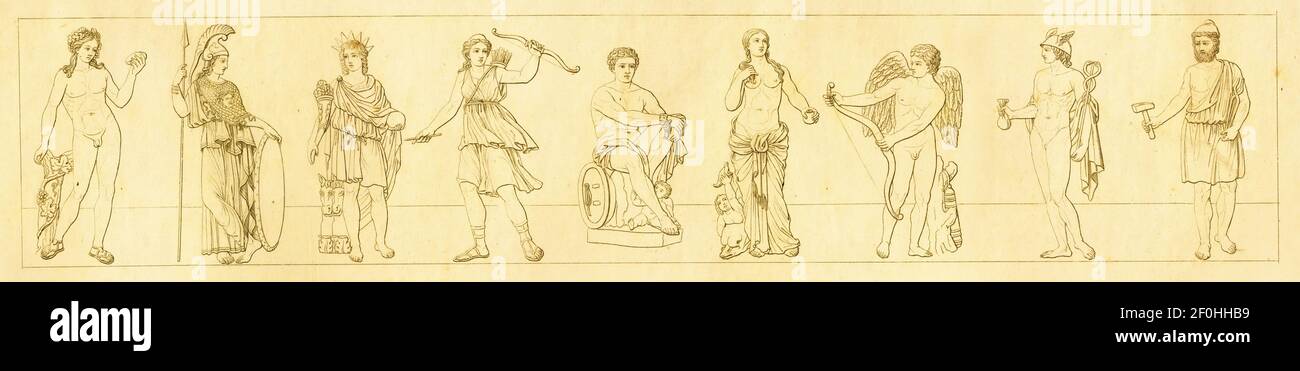 Incisione antica degli dei del periodo classico. Da sinistra a destra: 1 - Dioniso, 2 - Minerva, 3 - Apollo, 4 - Diana, 5 - Marte, 6 - Venere, 7 - Cu Foto Stock