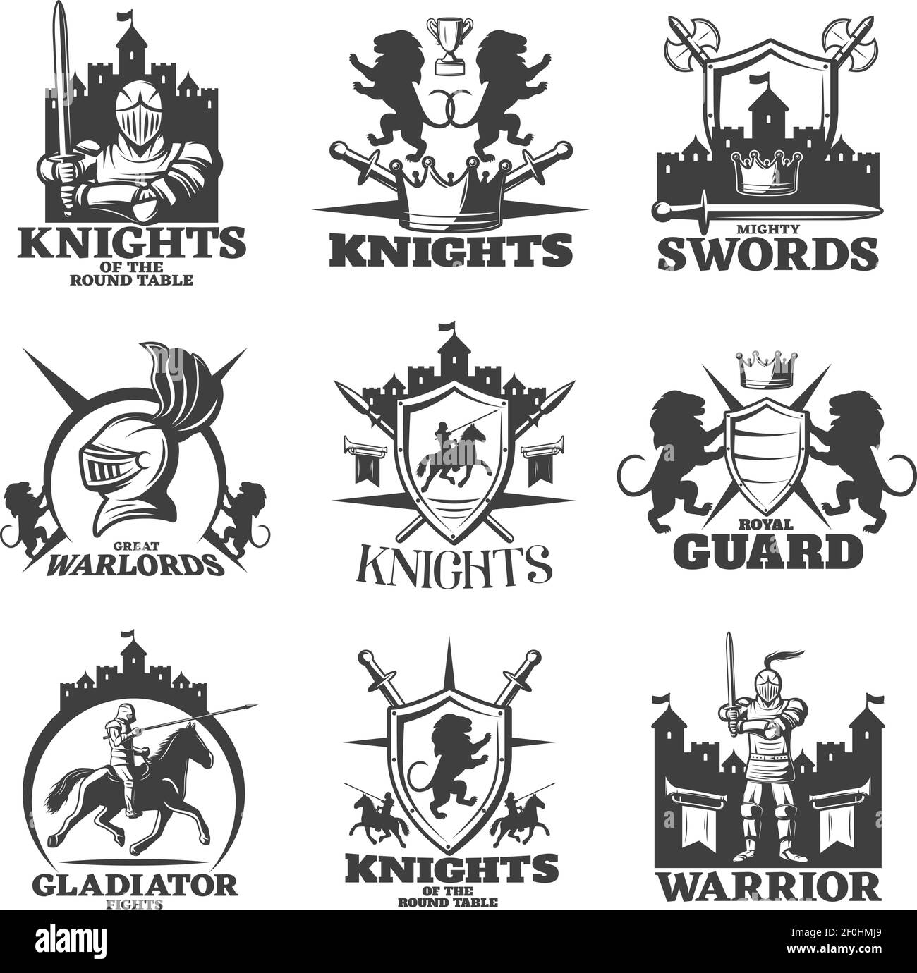 I Cavalieri emblemi bianchi neri con leoni araldici incrociano l'orsemano delle armi e combattente armato isolato vettore illustrazione Illustrazione Vettoriale