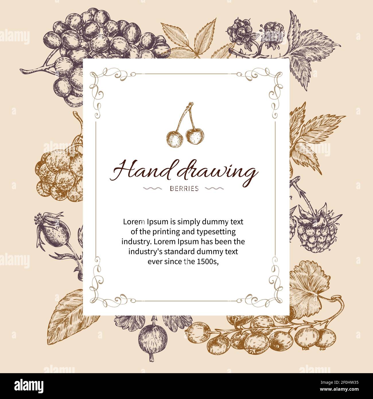 Frullato a lettere con cornice decorativa con titolo calligrafico su beige sfondo con illustrazione vettoriale di frutti disegnati a mano Illustrazione Vettoriale