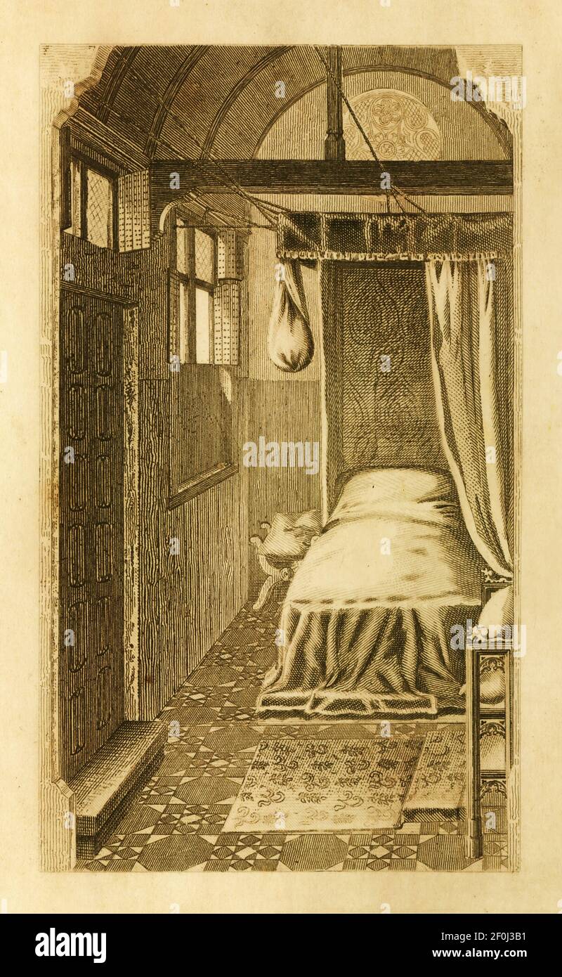 Antica illustrazione di una camera da letto di una donna del XV secolo. Pubblicato in Systematischer Bilder-Atlas zum Conversations-Lexikon, Ikonographische Encyklop Foto Stock
