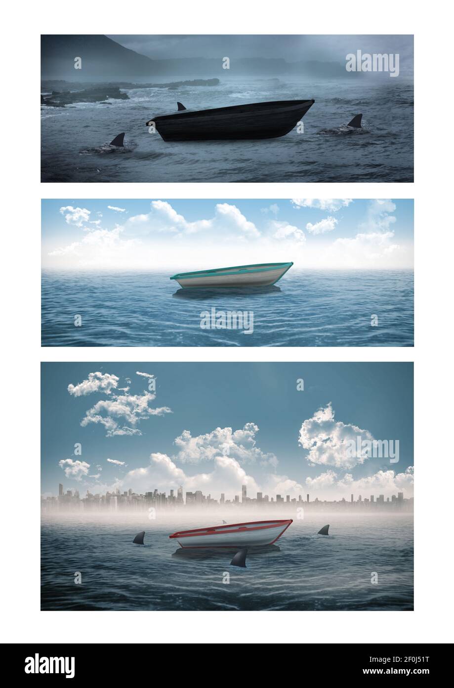 Composizione di tre foto con barca al mare Foto Stock