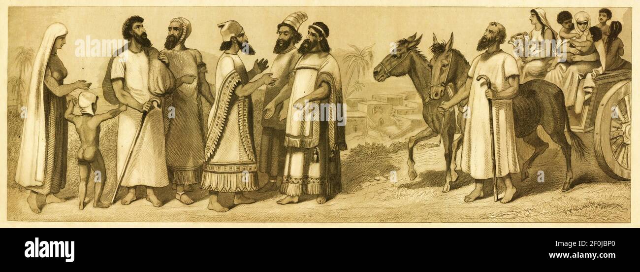 Incisione antica di scene di vita nell'antico Israele. Da sinistra a destra: 1,2,3,4,5,6,7 - Ebrei, 8 - carro ebraico, 9 - Case ebraiche. Illustrazione Foto Stock