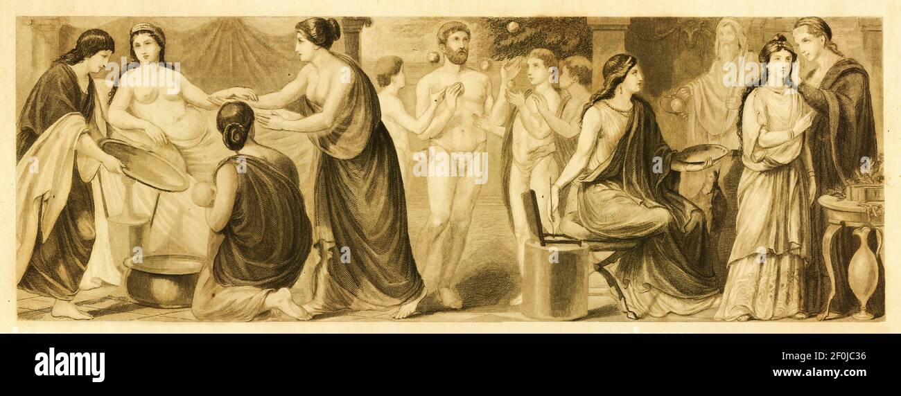 Antica illustrazione di scene della vita nell'antica Roma. Da sinistra a destra: 1 - donna romana, 2 - gioco di palla, 3 - Pittore, 4 - donna romana. Incisione Foto Stock