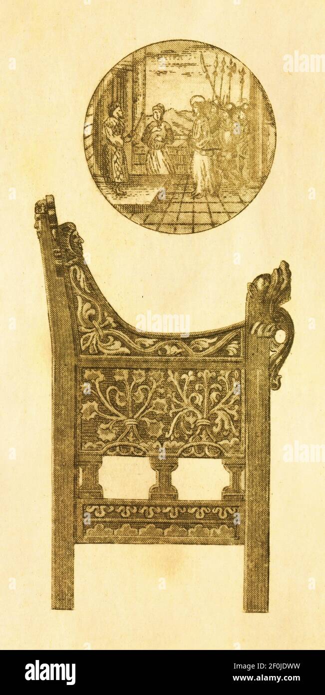 Antica illustrazione di manufatti medievali - sedia ad ala (del XII secolo) e maiolica tedesca (del XVI secolo). Pubblicato in Systematischer Bilder- Foto Stock