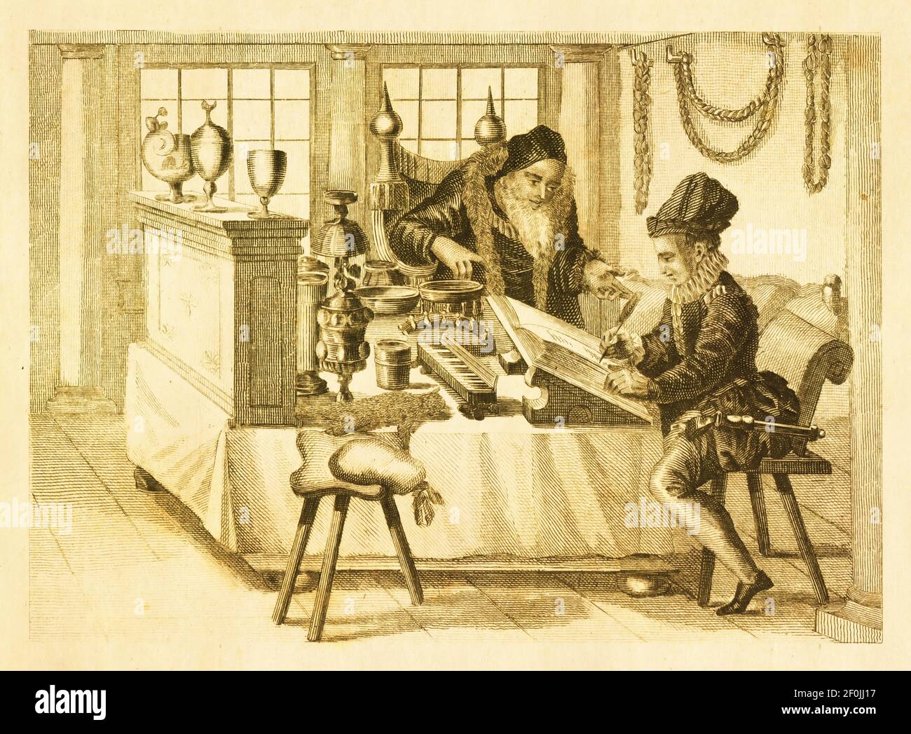 Antica incisione ottocentesca di un ufficio nel XVI secolo. Pubblicato in Systematischer Bilder-Atlas zum Conversations-Lexikon, Ikonographische Encykl Foto Stock