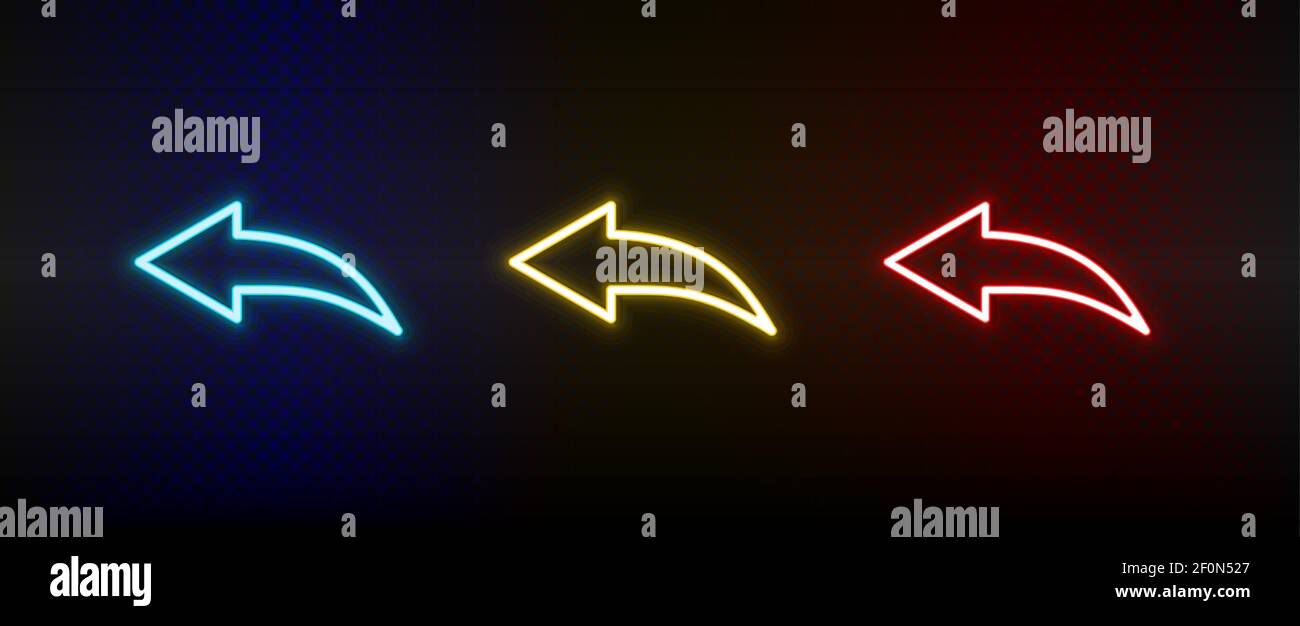 set di icone freccia, rispondi, annulla neon. Set di icone vettoriali al neon rosse, blu e gialle Illustrazione Vettoriale