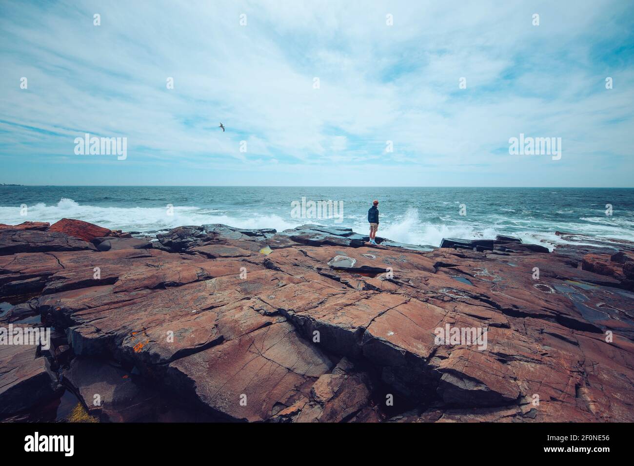 Un adolescente si erge su una riva rocciosa guardando le onde che si infrangono. Foto Stock