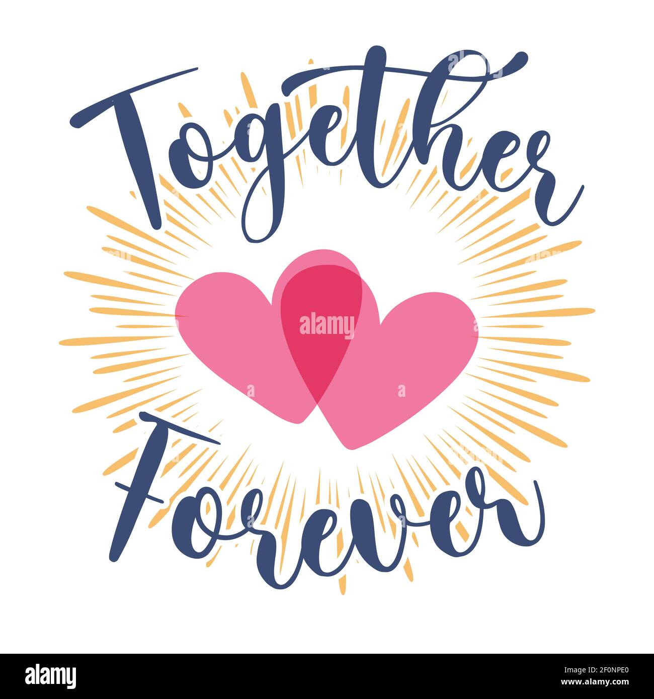 Emblema con due cuori in travi di sole e lettere insieme Forever. Illustrazione vettoriale. Illustrazione Vettoriale