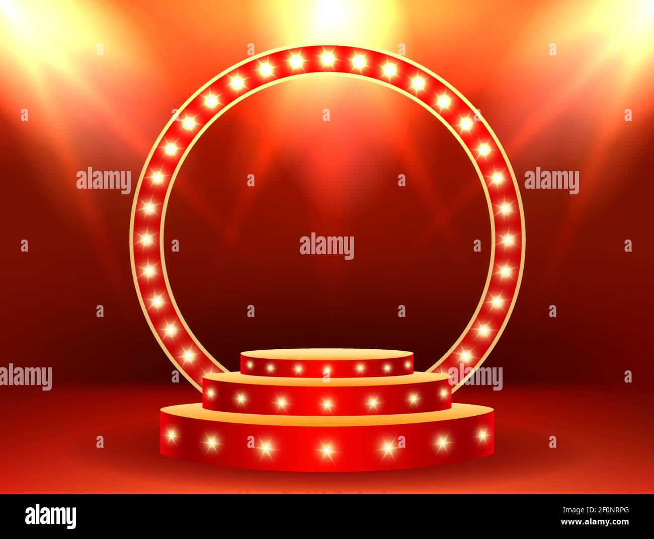 Palco con illuminazione. Cerimonia di premiazione della scena del podio su sfondo rosso. Illustrazione vettoriale Illustrazione Vettoriale