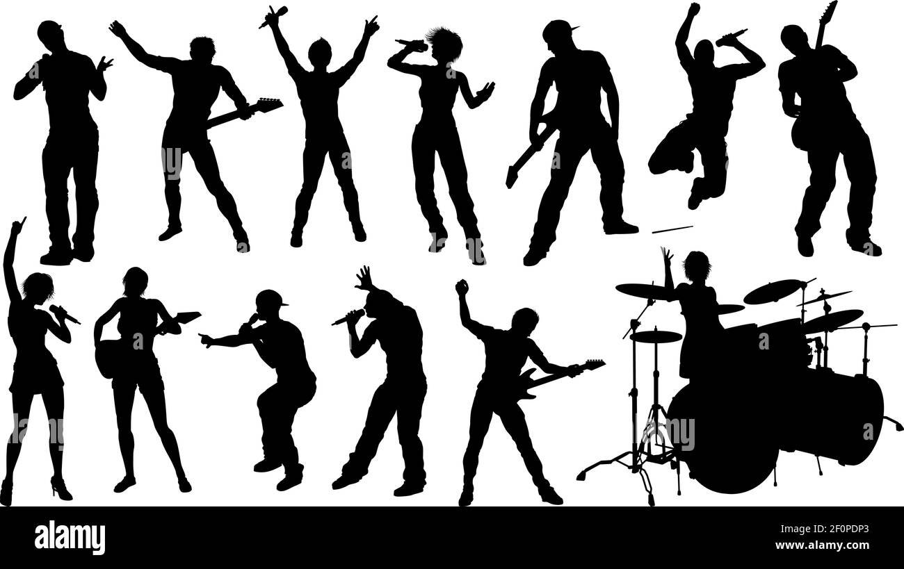 Musicisti chitarrista batterista firmatario sagome Illustrazione Vettoriale