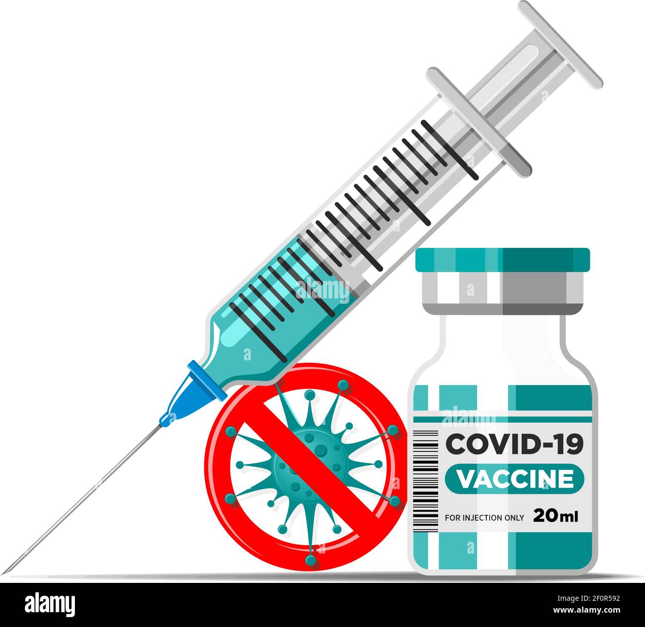 Covid-19 concetto di vaccinazione con Coronavirus. Flaconcino di vaccino e siringa con ago. Modello vettoriale su sfondo trasparente Illustrazione Vettoriale