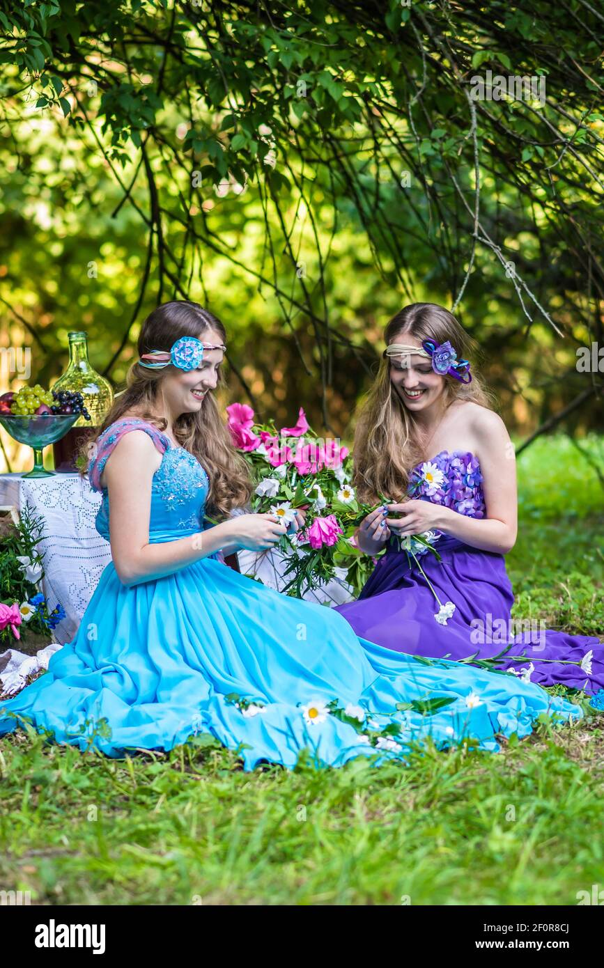 Bella sorridenti sorelle gemelli Foto Stock