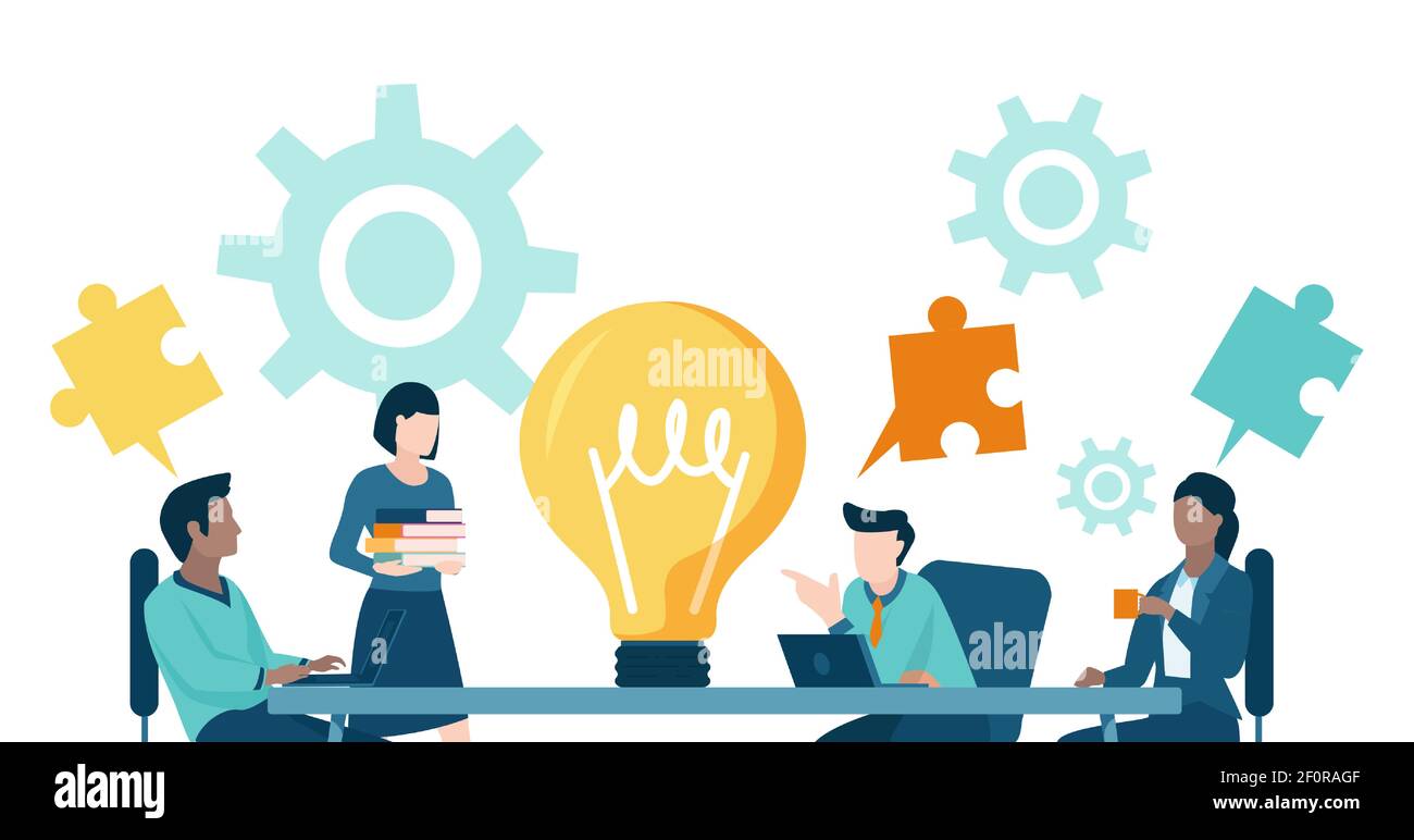 Vettore di un team di business brainstorming nuova idea seduta a. tavolo da ufficio Illustrazione Vettoriale