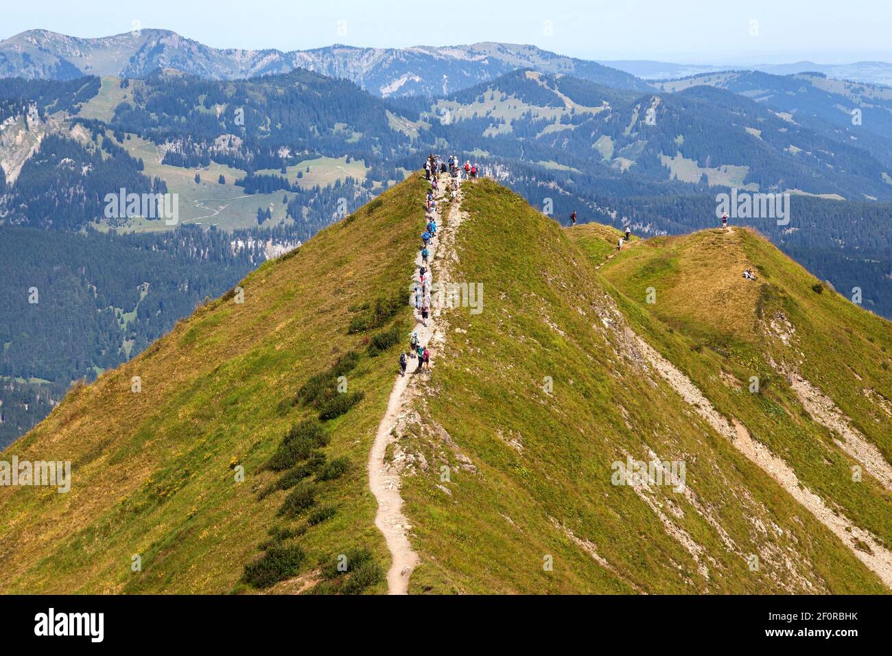 Escursionista sul sentiero del crinale Fellhorngrat tra la vetta del Fellhorn e Soellerkopf, Fellhorn, Oberstdorf, Oberallgaeu, Alpi Allgaeu, Allgaeu, Baviera Foto Stock