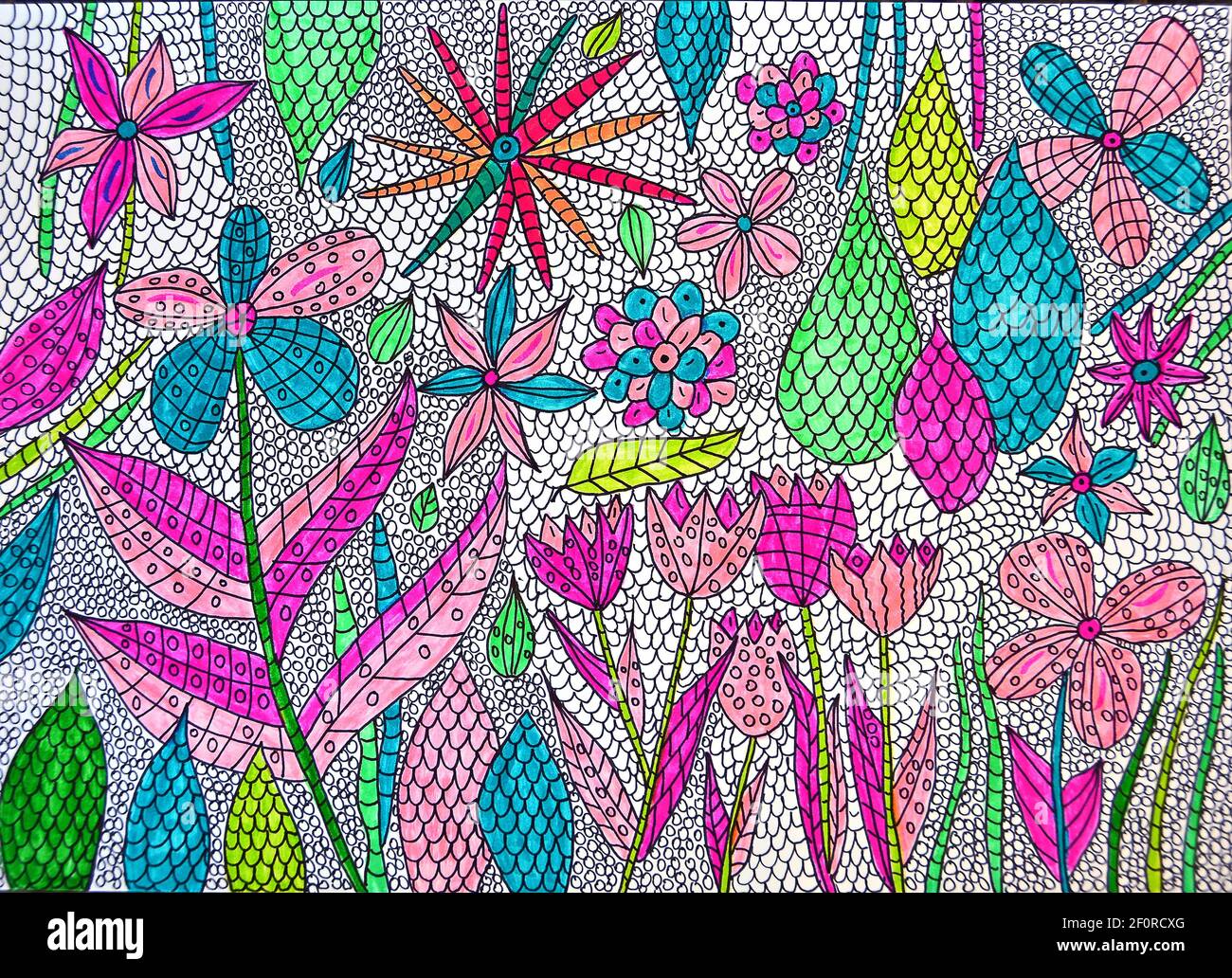 Fiori di oggetto nascosti, illustrazione ingenua Foto Stock