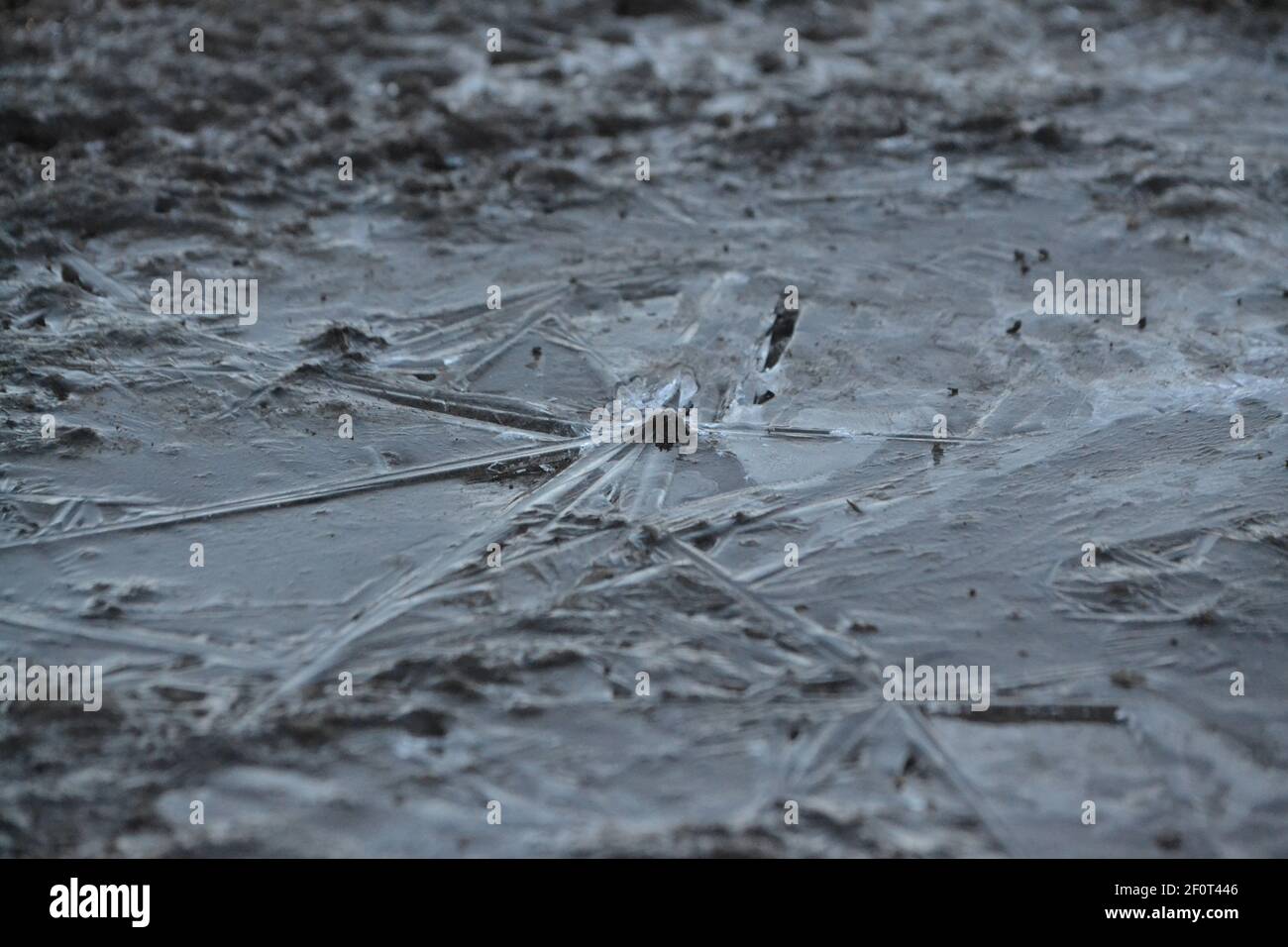 Surgelare il puddle surgelato su un percorso fangoso - spaccato e rotto Ghiaccio - Frosty Winters Day - freddo al di sotto di zero gradi - Sussex UK Foto Stock