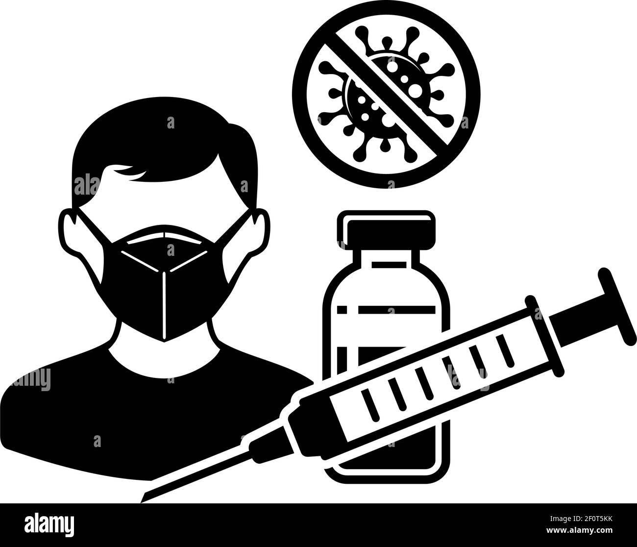 Protezione del vaccino contro il coronavirus. Un uomo in una maschera medica, un flacone con un vaccino e una siringa. Vettore su sfondo trasparente Illustrazione Vettoriale