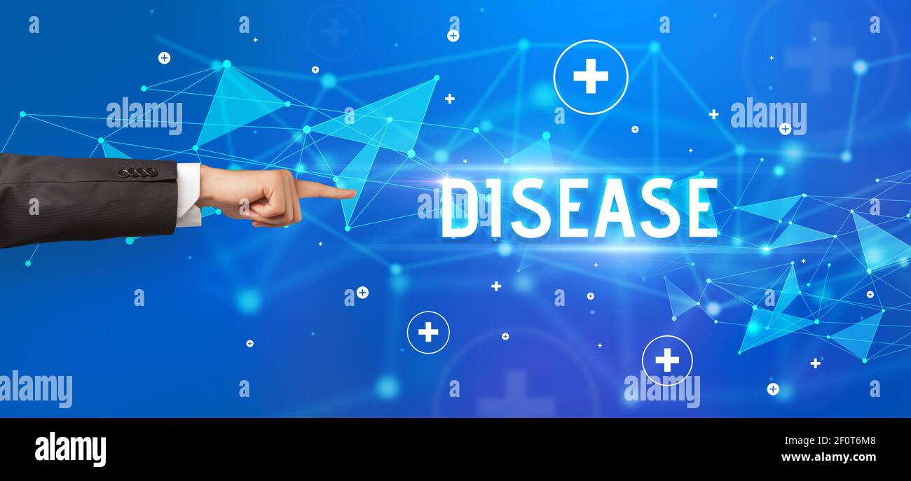 Primo piano di mano tagliata che punta all'iscrizione DI MALATTIA, concetto medico Foto Stock