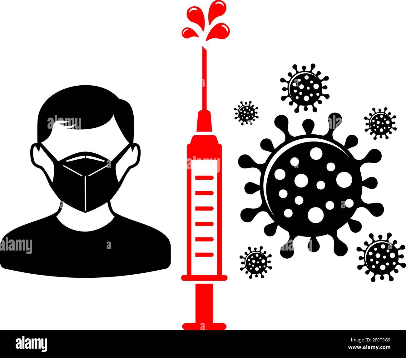 Protezione vaccinale contro il coronavirus. Uomo in una maschera medica, barriera dal virus sotto forma di siringa con un vaccino. Vettore su transpare Illustrazione Vettoriale