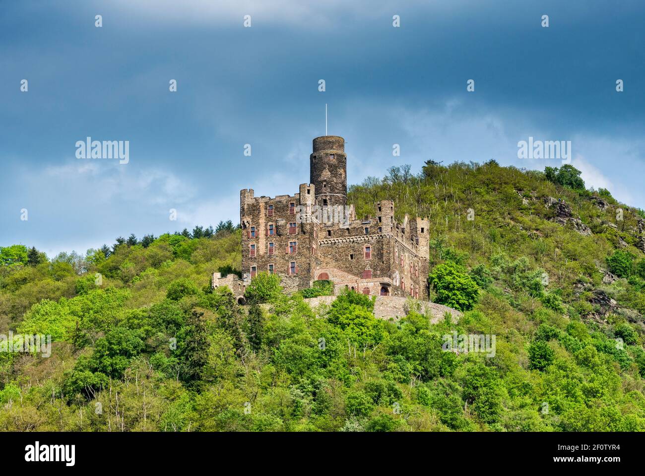 Maus Castello, castello a pedaggio con bergfried, alta Valle del Medio Reno, villaggio di Wellmich, comune di St Goarshausen, Renania-Palatinato, Germania Foto Stock