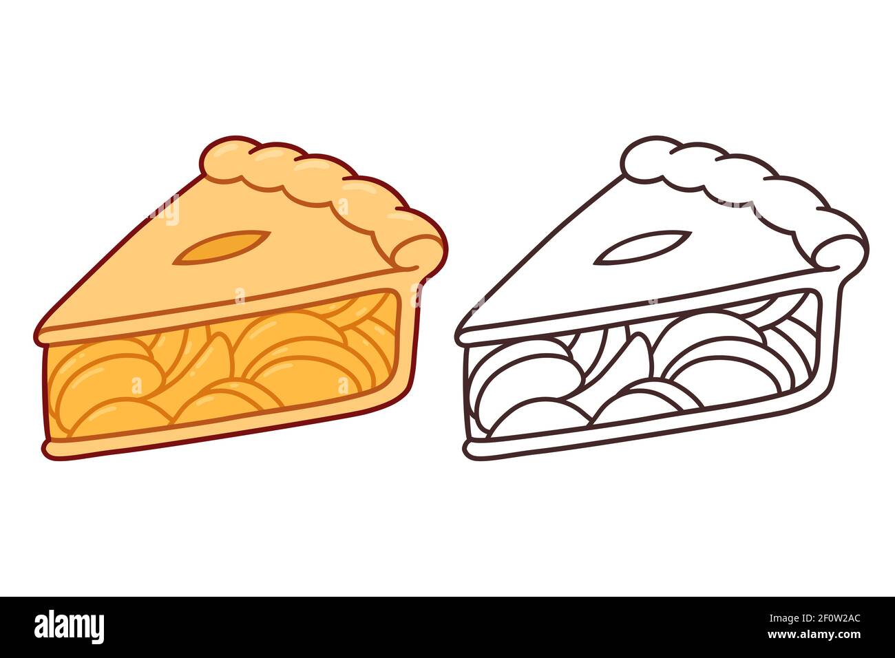 Fetta di torta di mele Cartoon. Disegno a colori e linee in bianco e nero. Illustrazione grafica vettoriale isolata. Illustrazione Vettoriale