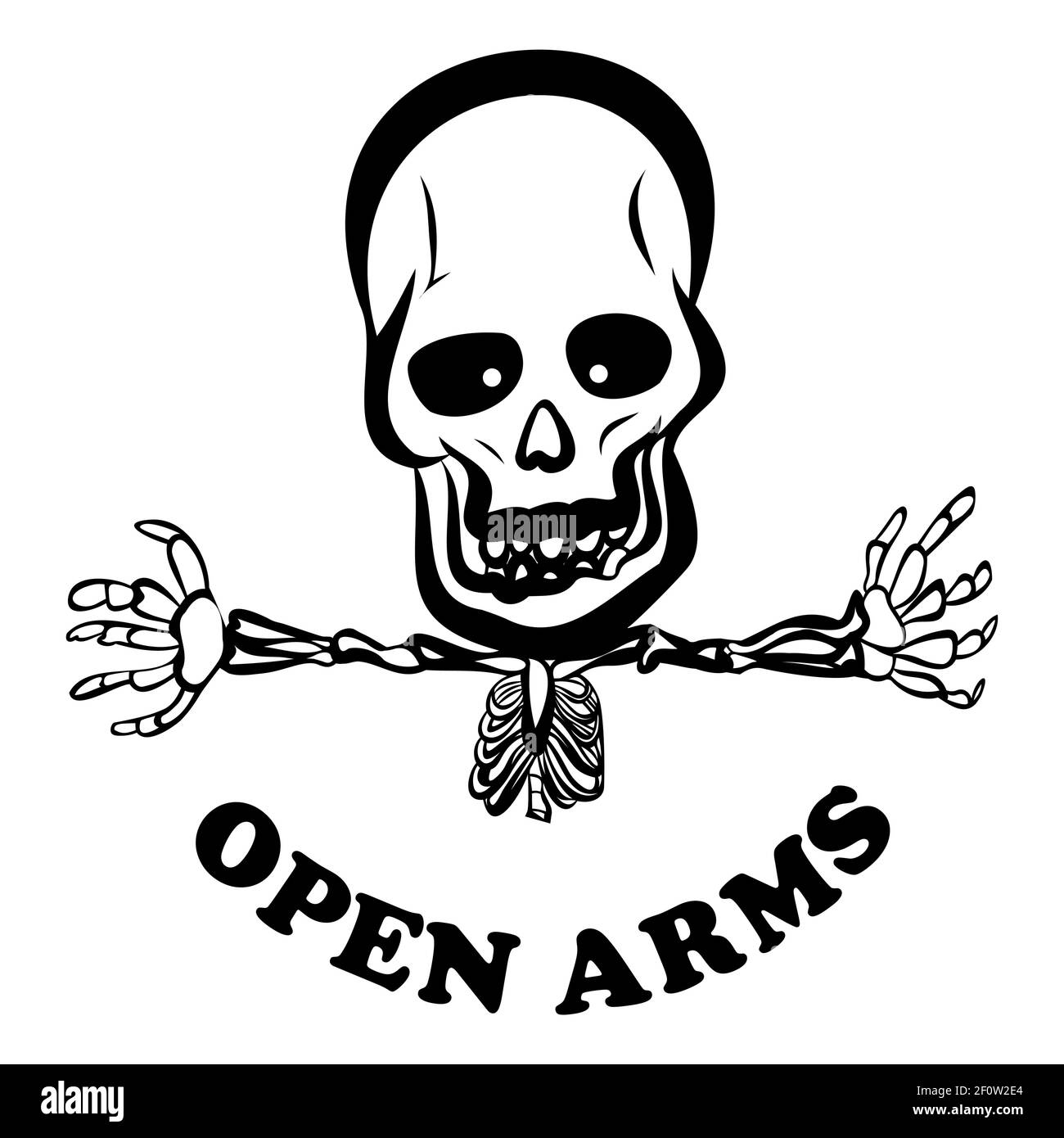 Scheletro giocoso a braccia aperte per abbraccio, espressione allegra che abbraccia la felicità, illustrazione vettoriale. Illustrazione Vettoriale